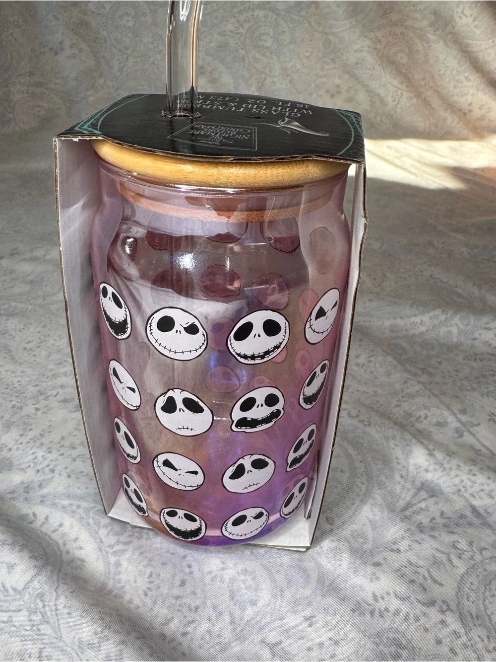 Nightmare Before Christmas Jack 16oz. glass tumbler & glass straw & bamboo lid